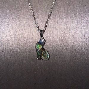Abalone Cat Pendant on Silver-tone Chain